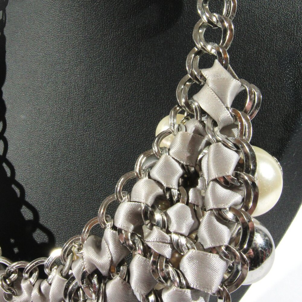 Chico's Silver Tone and Grey Fabric, Faux Pearls and Rhinestones Necklace - Picture 8 of 10